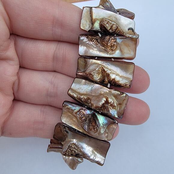 Vintage shell stretch bracelet chunky brown mother of pearl boho - Picture 8 of 10